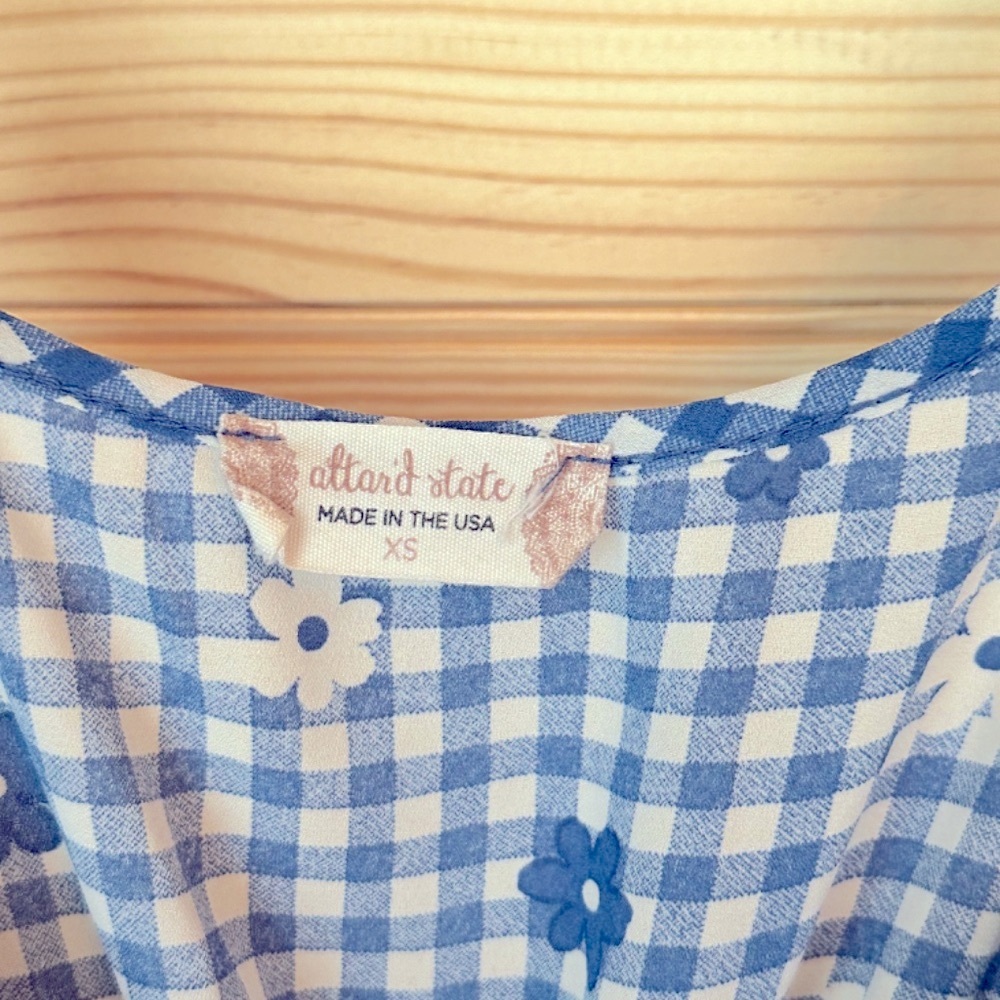 Altar'd State Alaina Mini Ruffle Dress Blue & White Gingham Daisy Flowers Sz XS - Picture 7 of 9